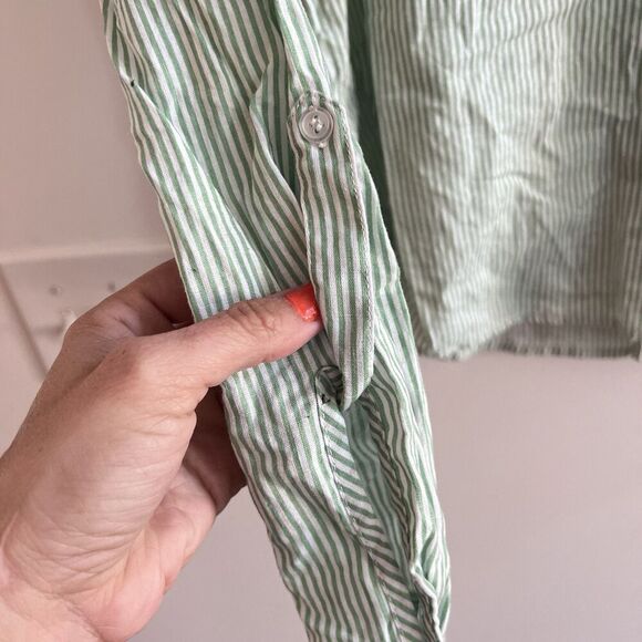 Saks Fifth Ave Green Linen Blend Popover Shirt M Striped Classic Collared Preppy - Picture 8 of 10